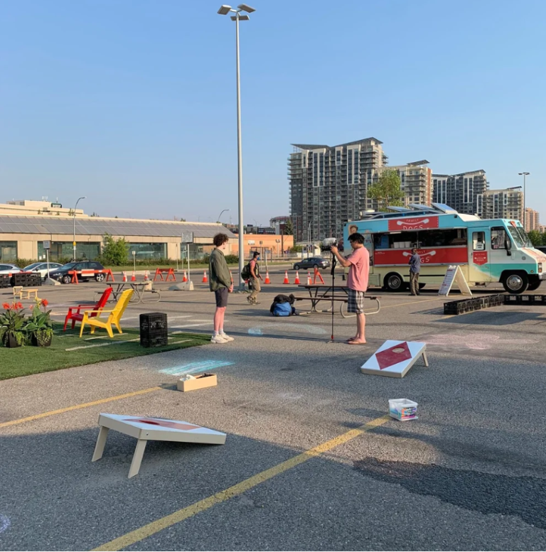 Setting up the pop-up plaza.