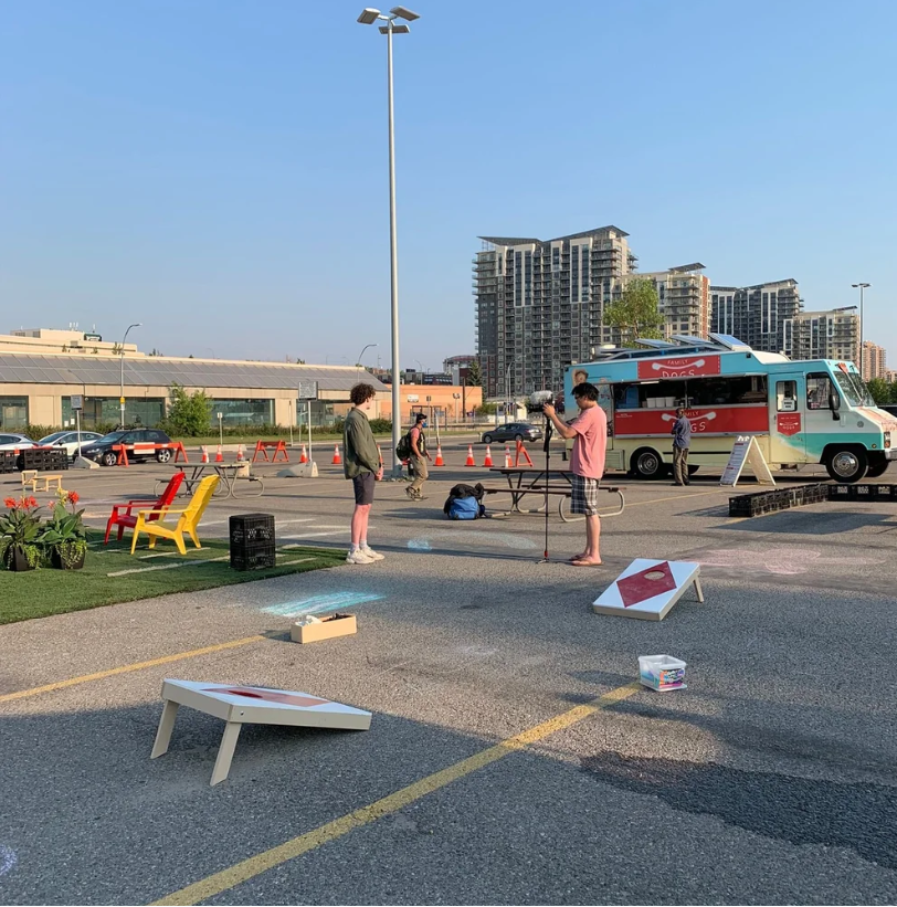 Setting up the pop-up plaza.