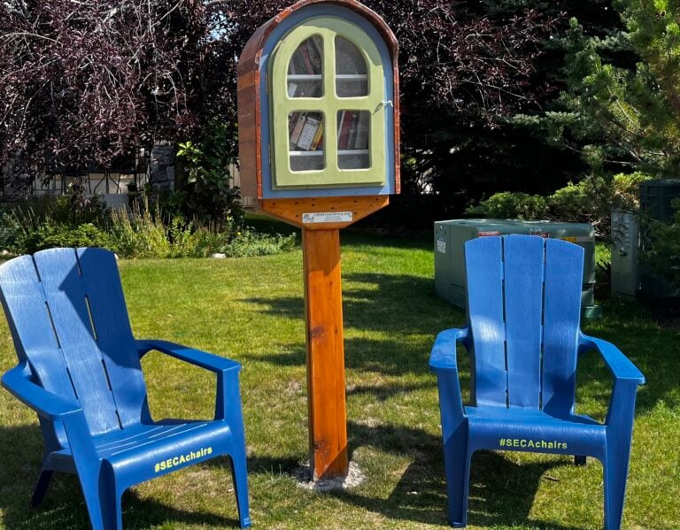 Chairs along with a previously installed little library.